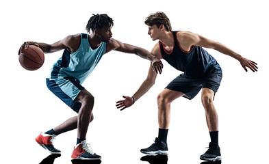 two basketball players men isolated in silhouette shadow on white background