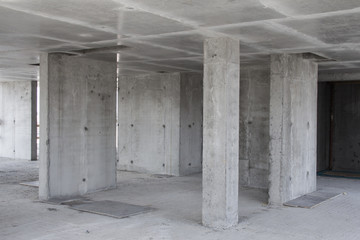 Reinforced concrete walls in a building under construction.