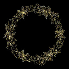 Detailed contour wreath with flowers isolated on black. Round frame for your design, greeting cards, wedding announcements, posters.