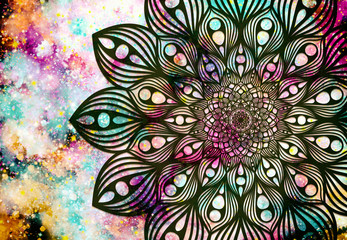 Abstract mandala graphic design and watercolor digital art painting for ancient geometric concept background