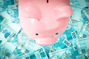 Brazilian money, reais, and piggy bank. Saving and depositing money