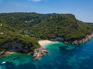 Naklejka na ściany i meble Aerial view to Rovinia beach. Summer photo from drone. Corfu island, Greece