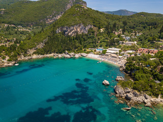Aerial view Liapades beach. Photo from drone. Corfu island, Greece