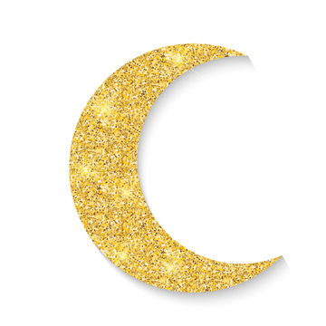 Gold Glitter Moon Icon Of Crescent Islamic Isolated On White Background. Vector Illustration