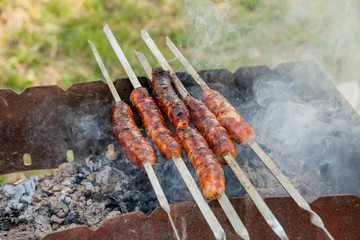 Grilled sausage on the picnic flaming grill