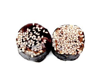 Traditional fresh japanese sushi rolls isolated on white background