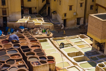 Tanneries of Fes Old tanks with color paint for leather. Morocco Africa.