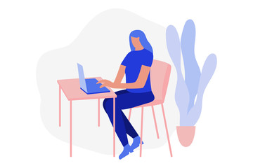 Woman sitting in front of a laptop, doing homework. Online education concept. Flat vector illustration