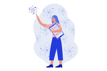 Woman holding giant smartphone and touching atom. Online education concept. Flat vector illustration
