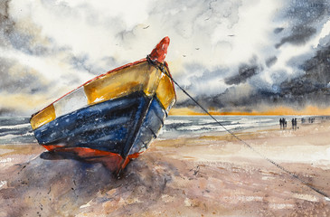 Wooden boat on The Baltic shore Hel Peninsula, Poland. Picture created with watercolors. - obrazy, fototapety, plakaty