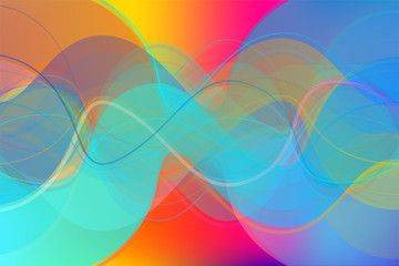 Colorful and transparent wavy lines overlay background. 