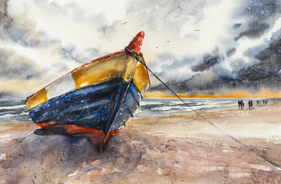 Wooden boat on The Baltic shore Hel Peninsula, Poland. Picture created with watercolors.