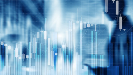 Silhouettes of Business People. Stock Market Graph and Bar Candlestick Chart..