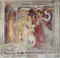 Tommaso tocca le piaghe di Gesù; affresco gotico (anno 1400 circa) nella chiesa di San Valentino a Termeno