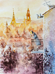 Man on a balcony smok cigarette. Morning city in background. Picture created with watercolors. © dannywilde
