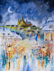 Fototapeta na wymiar Sleewalker at winter night in city. Picture created with watercolors.