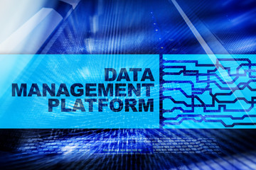 Data management and analysis platform concept on server room background
