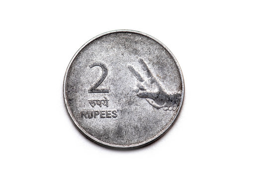 Vintage two 2 Rupees iron Coin isolated on white Background top View 