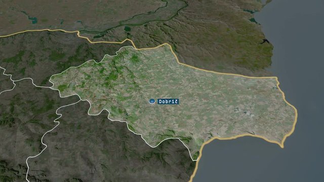 Dobrich - province of Bulgaria with its capital zoomed on the satellite map of the globe. Animation 3D