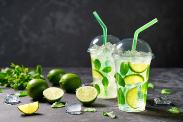 Refreshing cocktail mojito  with lime slices, ice cubes and fresh mint leaves on a black background, copy space.
