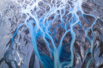 Aerial view of glacier river system in Iceland. Beautiful natural backdrop.