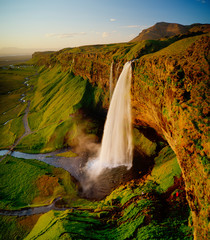 Beautiful Seljalandsfoss waterfall in Iceland during Sunset, Europe