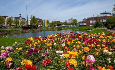 Cuxhaven Germany. East Frisia Germany. Ost friesland. City view with flowersbeds. Summer.