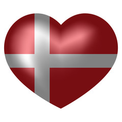 Flag of Denmark in heart shape. 3d vector illustration.