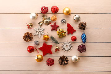 Beautiful Christmas decor on wooden background