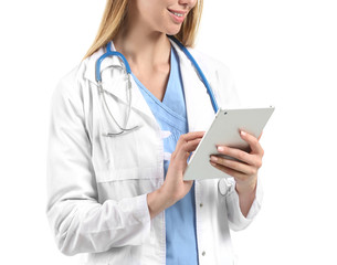 Female doctor with stethoscope and tablet computer on white background