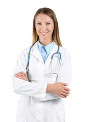 Female doctor with stethoscope on white background