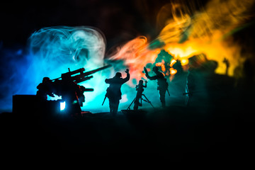 War Concept. Military silhouettes fighting scene on war fog sky background,