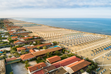 Aerial view of the Marina di Pietrasanta beach in the early morning, Tuscany, Italy.