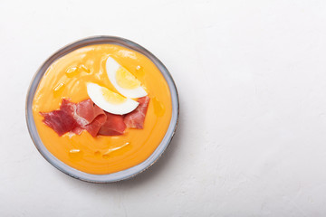 Salmorejo cordobes typical spanish tomato soup similar to the gazpacho, topped with jamon serrano...