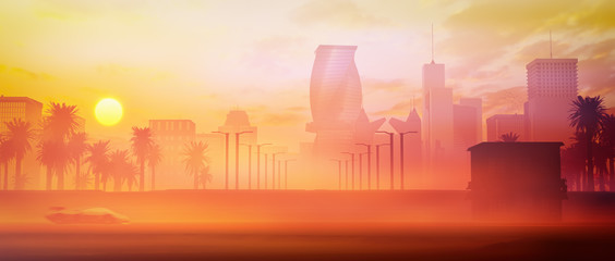 stylized retro city skyline at panorama sunset