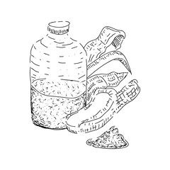 Sketch of spa objects. Perfume bottle, leaves and sand - Vector