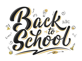 Back to school lettering sign. Black and gold text isolated on white. Design with education elements for leaflets, cards, envelopes, covers, poster, banner, flyer, mail, sticker.  Vector illustration