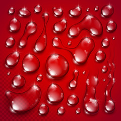 Water drops set vector realistic 3d elements collection, transparent dew condensation drops over transparency checker mesh, prepared to put over red background.