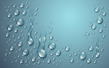 Water drops in shower or pool, condensate or rain droplets realistic transparent vector illustration, easy to put over any background or use droplets separately.