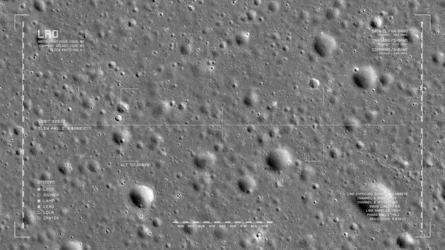 LRO imaging flyover: cratered plains of Sinus Iridum. LAT 42.45 LONG -34.32. Clip loops and is reversible. Scientifically accurate HUD. Elements of this image furnished by NASA