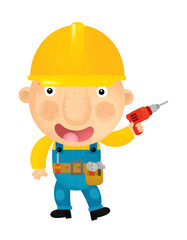 cartoon construction worker in bending with some kind of project in his hand