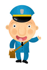 cartoon scene with happy policeman on duty talking to radio on white background - illustration for children