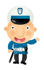 cartoon scene with happy policeman on duty talking to radio on white background - illustration for children