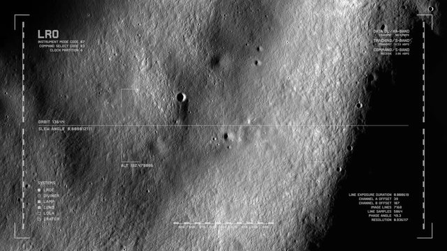 LRO imaging flyover: floor, Milankovic crater, north polar highlands, moon's far side. LAT 77.28 LONG 167.7. Looping. Reversible. Scientifically accurate HUD. Elements of this image furnished by NASA
