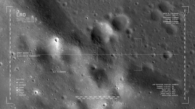 LRO imaging flyover: ridged terrain due south of Mairan Crater. LAT 38.43 LONG 316.64. Clip loops and is reversible. Scientifically accurate HUD. Elements of this image furnished by NASA