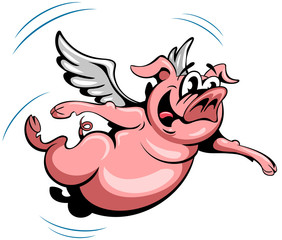 Cartoon style flying  pink pig, isolated on white background.