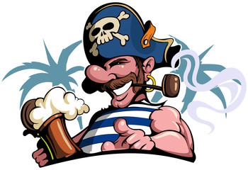 Cartoon style pirate, vector filibuster character with smoking pipe, holding a beer mug, with palms on background