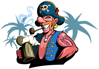 Cartoon style pirate, vector filibuster character with smoking pipe, holding a beer mug, with palms on background