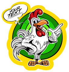 Cartoon style white rooster with the comics text box.