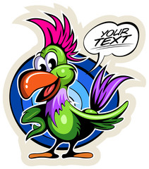 Cartoon style parrot with the comics text box.